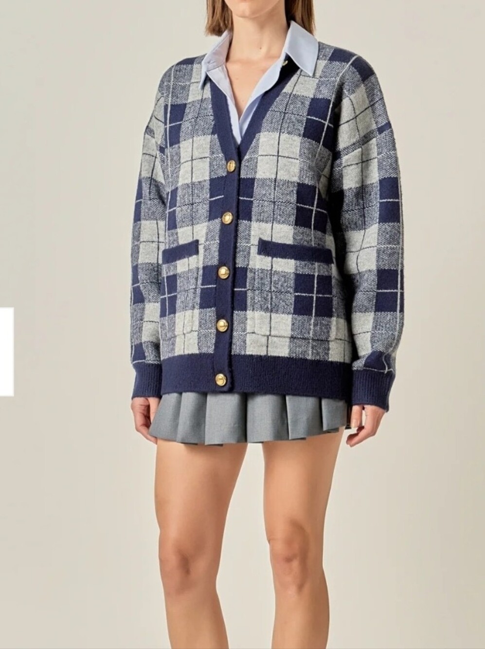 English Factory Check Plaid V-Neck Cardigan Knit Sweater Navy Grey Size Small